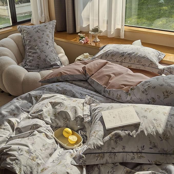 AOJIM Aesthetic Colorful Duvet Cover Set with Floral Pattern, Pure Cotton Soft Comforter Cover Set 3pcs for Kids Adults, 1 Cozy Reversible Quilt Cover Queen Size and 2 Matching Pillowcases, No Quilt