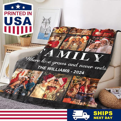 Yoke Style Ships Next Day, Custom Photo Blanket on Christmas for Family, Printed in USA - Customizable Picture Blanket Personalized New Year Gifts for Women Men Couples Mom Dad Wife Friends
