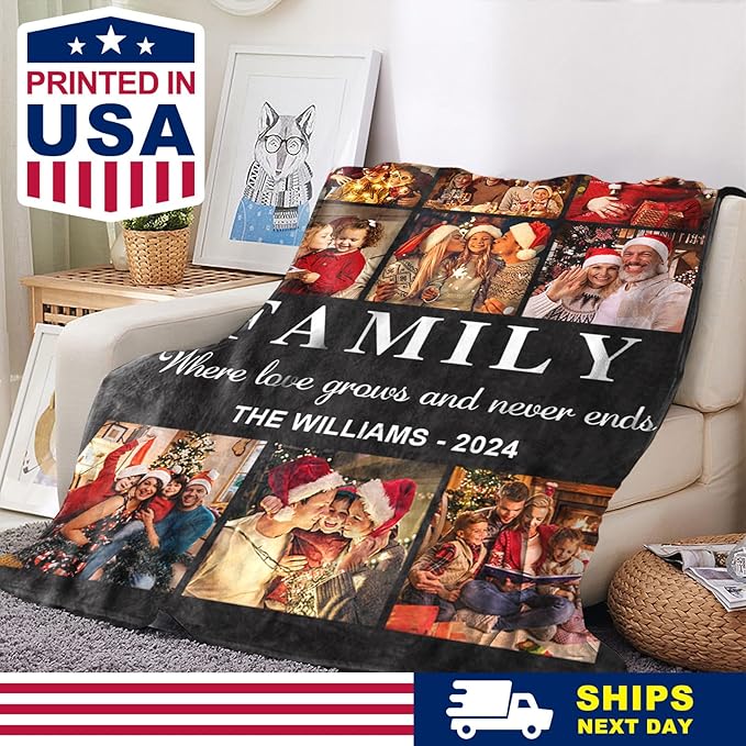 Yoke Style Ships Next Day, Custom Photo Blanket on Christmas for Family, Printed in USA - Customizable Picture Blanket Personalized New Year Gifts for Women Men Couples Mom Dad Wife Friends