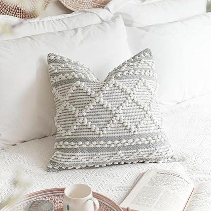 BlissBlush Gray White Decorative Throw Pillow Cover 22X22, Boho Accent Pillow for Couch, Square Modern Farmhouse Pillowcase for Living Room Couch Sofa Cushion Home Décor (Pack of 1)