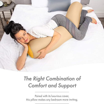 Straight Body Pillow, Full Size Premium Microbead,Side Sleeping/Maternity Pregnant Women, Supportive,Fluffy, Breathable, Cooling, 85/15 Spandex/Nylon Silky Feel Anti-Aging - 48 X 8 - Barely Beige