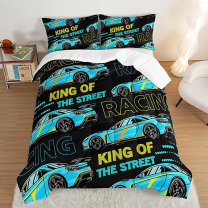Car Bed for Boys Twin Comforter Set, Kids Racing Car Comforter Extreme Sports Bedding Set for Teens, Cool Blue Themed Children's Bedding with 2 Pillowcases