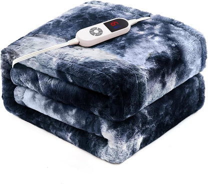 Electric Heated Throw Blanket 62"x84",Luxury Blue Twin Faux Rabbit Fur Electric Blanket,Fast Heating Soft Fluffy Thick Electric Blanket with 6 Heating Levels & 12H Auto Off