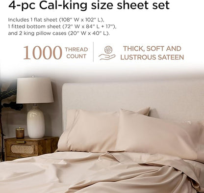 Threadmill Supima Cotton Sheets, 1000 Thread Count Soft 100% Cotton Sheets for Cal King Size Bed, 4 Pc Beige Cal King Bed Sheet Set, 5-Star Hotel Quality, Elasticized Deep Pocket Cal King Sheet