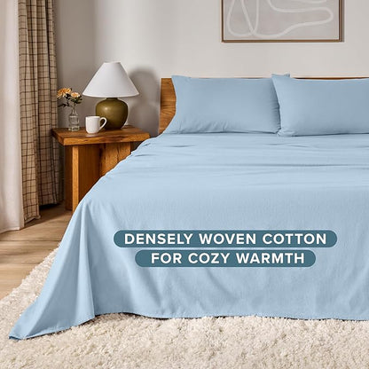 Bare Home Flannel Sheet Set 100% Cotton, Velvety Soft Heavyweight - Double Brushed Flannel - Deep Pocket (Full, Light Blue)