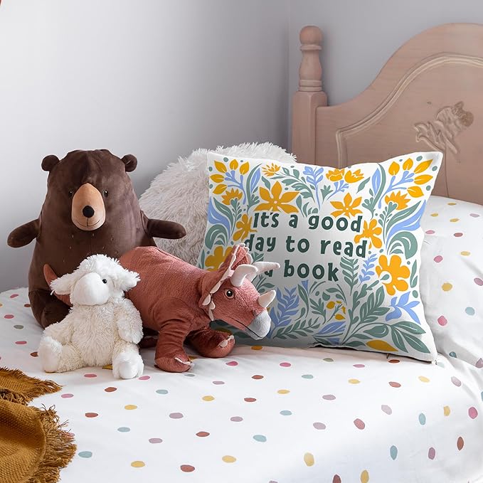 It's A Good Day to Read A Book Classroom Decorative Throw Pillow Covers, Floral Blue Reading Pillows Covers for Kids, Flower Pillow Cases Decor for Library Reading Nook Corner Couch 18x18in