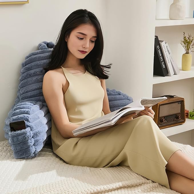 Faux Fur Fluffy Dusty Blue Reading Pillow with Pockets, Luxury Striped Plush Decorative, Arm Rests and Back Support for Bed Rest, Lounging on Sofa, Extra Large Size for Adult.