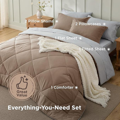 Bedsure Queen Comforter Set - 7 Pieces Reversible Brown Bedding, Queen Size Bed Set for All Seasons, Bed in a Bag with Down Alternative Comforter, Sheets, Pillowcases & Shams