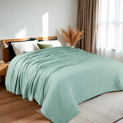 HILLFAIR 100% Combed Cotton Blanket– King Size Bed Blankets– Warm Soft All Season Breathable Lightweight Summer Waffle Weave Home Decor Bed Blanket- Sage King Bed Cotton Blankets/Bedcovers