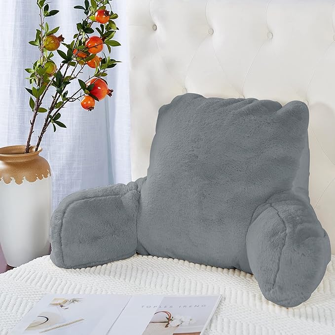 Plush Faux Fur Backrest Reading Bed Rest Pillow with Arms and Pockets for Sitting in Bed Couch Sofa, Back Support Wedge Cushion with Removable Cover, 20" x 18" x 17", Middle Gray