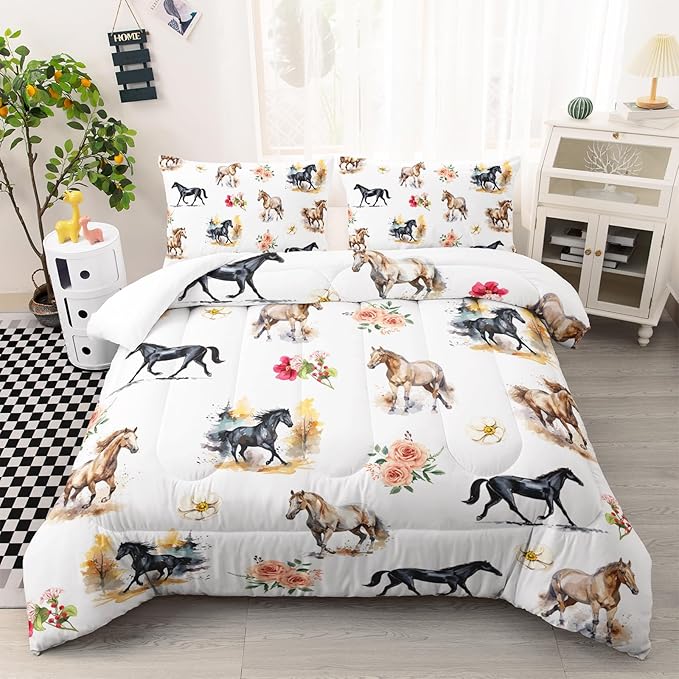 Horse Comforter Bedding Set for Boys Girls Kids Teens, Watercolor Painting Horse and Flowers Print Bedding Set Queen Size