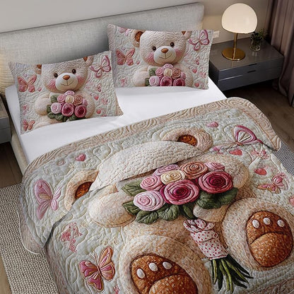 Kawaii White Teddy Bear Quilts Bedding Twin 3Pcs Cartoon Butterfly Rose Bouquet Bed Set Fantasy Flower Pet Toy Bear Bedspread Coverlet with 2 Pillowcases for Kid Boy Girl Teen Adult Room Decor
