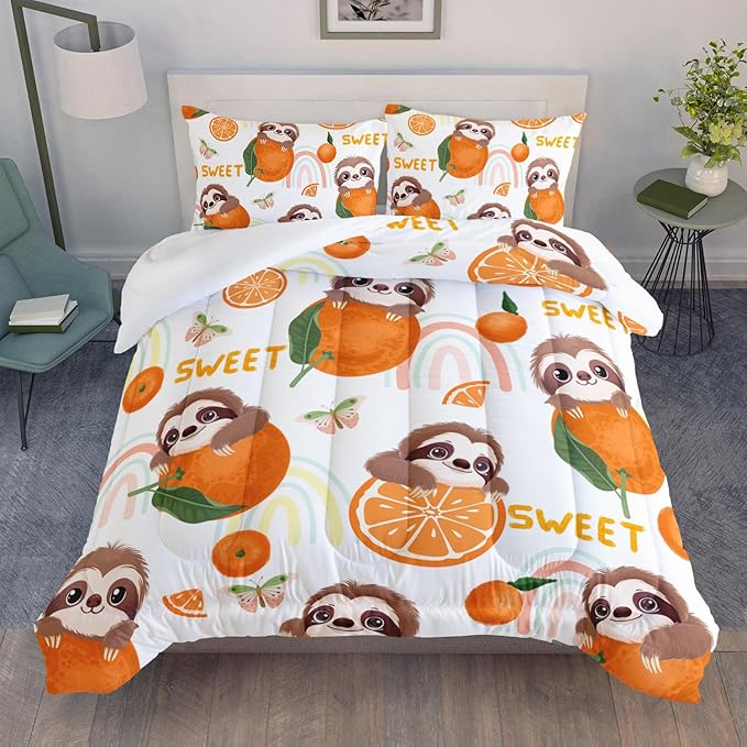 Cute Brown Sloth Bedding Animal Orange Butterfly Comforter 3Pcs Queen Rainbow Sweet Pattern Bedding Set for Kids Teens Girls Boys Bed Decor Tangerine Quilt with 1 Comforter and 2 Pillowcases