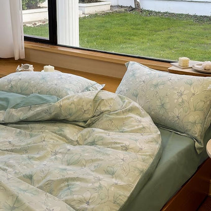 AOJIM Green Exquisite Duvet Cover Set with Floral Print for Kids Adults, Soft Pure Cotton Comforter Cover Set 3pcs, 1 AB Sided Quilt Cover Twin Size and 2 Matching Pillowcases for Room Decor, No Quilt