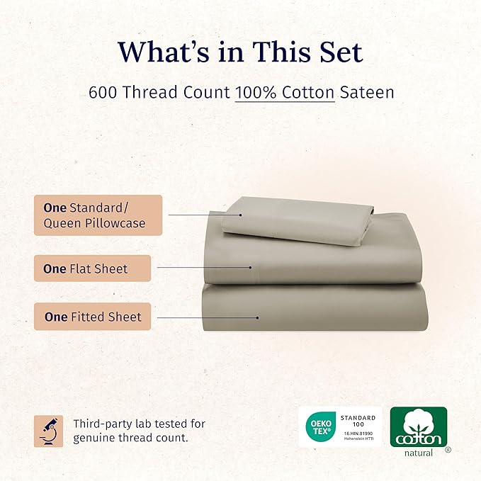 California Design Den Luxury Twin Sheet Set - 100% Cotton, 600 Thread Count Deep Pocket Twin Sheets, Soft Hotel-Quality Bedding with Sateen Weave (Cool Taupe)