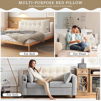 Headboard Pillow Twin, Chenille Triangular Wedge Pillow Headboard Twin Size, Reading Setting Backrest Daybed Pillows for Bed Sofa with Removable Coverr, Beige