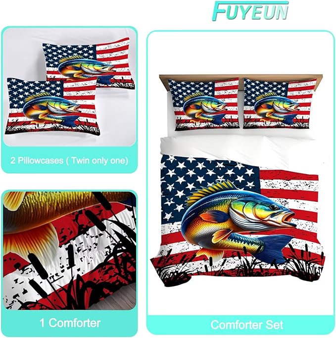 American Flag Comforter Set Full/Queen Size Bass Fish Bedding Set for Men Boys Teens Fishing Lover Bedroom Fisherman Farmhouse Bed Set Wild Quilted, 1 Comforter 2 Pillowcases