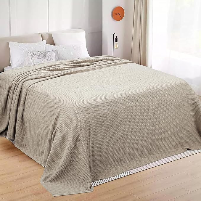 HILLFAIR 100% Cotton Blanket- 120" x 120" XXL Oversized King Bed Blankets - Family Size 10 ft x 10 ft Big - All Season Soft Cozy Breathable Blankets for Bed - Extra Large King Cotton Blanket- Sand