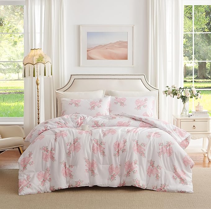 Pink Bow Duvet Cover Queen Size Floral Bowknot Bedding Set 3 Pieces Kids Boys Girls Vintage Green Botanical Coquette Princess Style Garden Reversible Duvet Cover Set with 2 Pillowcases