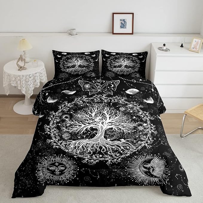 Feelyou Sun and Moon Comforter Bohemian Tree Butterfly Style Bedding Set Psychedelic Hippie Comforter Set for Boys Girls Children Teens Bedroom Decor Galaxy Astrology Duvet Set Twin Size