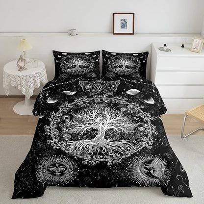 Feelyou Sun and Moon Comforter Bohemian Tree Butterfly Style Bedding Set Psychedelic Hippie Comforter Set for Boys Girls Children Teens Bedroom Decor Galaxy Astrology Duvet Set Twin Size