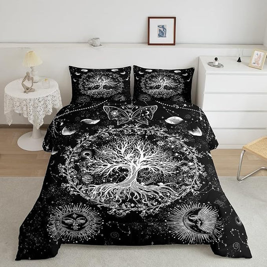 Feelyou Sun and Moon Comforter Bohemian Tree Butterfly Style Bedding Set Psychedelic Hippie Comforter Set for Boys Girls Children Teens Bedroom Decor Galaxy Astrology Duvet Set Queen Size