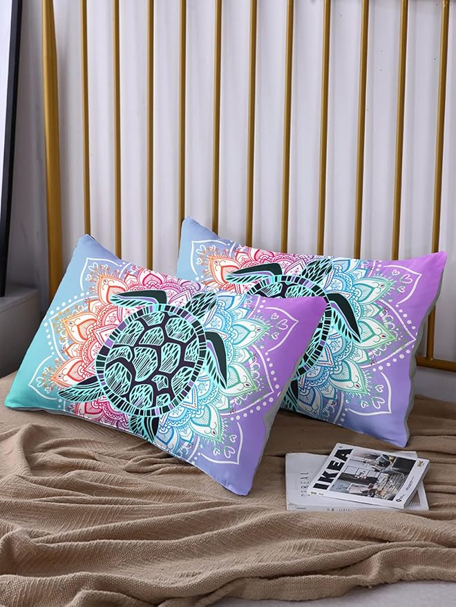 HOSIMA Sea Turtle Bedding,Coastal Beach Themed Bedding Queen Size for Kids Teen Girls Boys Room Decor, Mandala Turtle Comforter Cover with 2 Pillowcases.