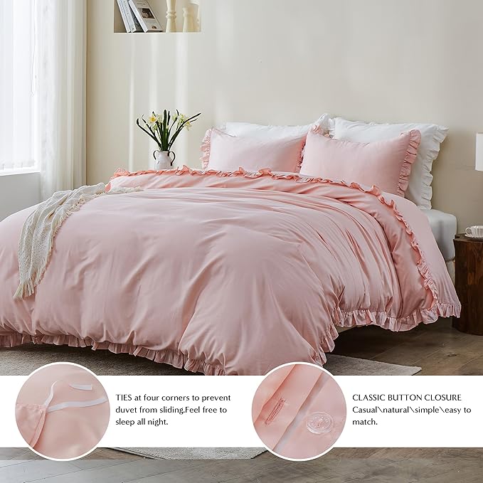 Simple&Opulence Kids 100% Organic Cotton Queen Duvet Cover Ruffle 3Pcs(1 Comforter Cover 2 Pillowcases) Cute Lace Vintage Boho Shabby Chic Farmhouse Bedding Set Teen Girls(Peach Pink,Queen)