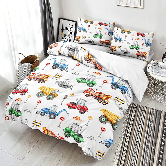 CVHOUSE Excavactor Bedding Queen Size,Construction Excavactor Bedding Set Boys Kids Teens,Truck Excavactor Comforter Set Cover Soft,1 Duvet Cover 2 Pillowcases 3 pcs,Boy's Bedroom Decor Queen 89'x89'