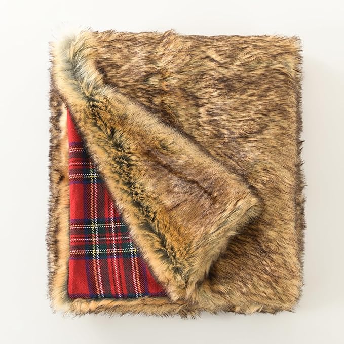 HORIMOTE HOME Luxury Plush Faux Fur Throw Blanket with Red Plaid Pattern, Super Warm, Fuzzy, Elegant, Fluffy Decoration Christmas Holiday Blanket for Couch, Armchair, Sofa and Bed, 60''x 80''