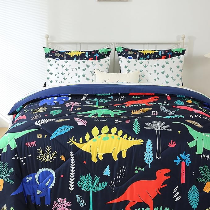7 Piece Dinosaur Bedding Set Queen Size for Kids Boys Teens Cartoon Blue Dino Comforter Set with Sheet Colorful 3D Print Bed in a Bag