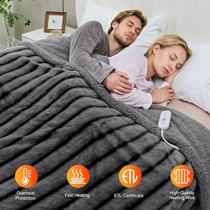 Heated Blanket Electric King- 100"x90" Soft Thick Faux Fur Electric Blanket for Sofa with 5 Heat Levels & 10 Hours Auto-Off Overheat Protection, Warm Cozy Gifts, Grey