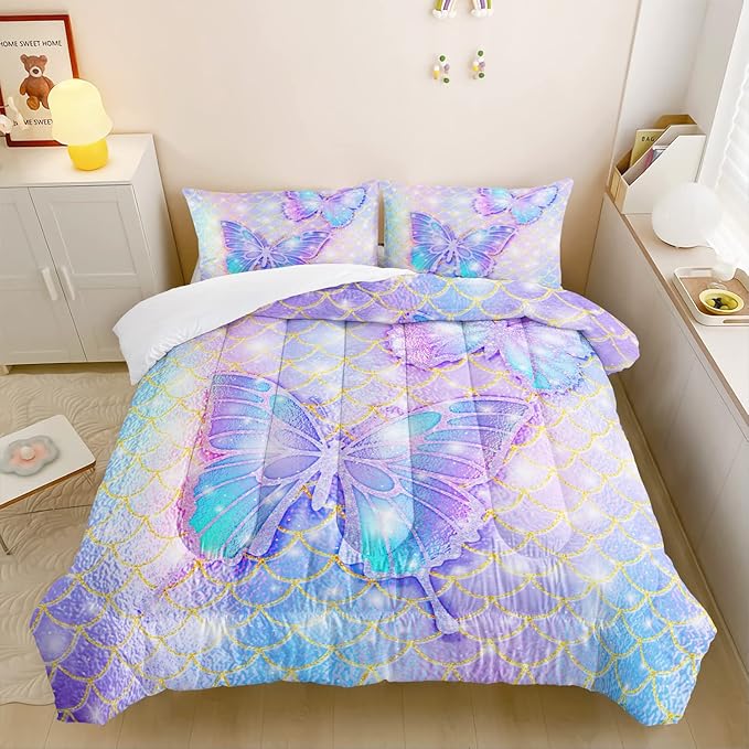 CVHOUSE Butterfly Comforter Set Twin Size,Rainbow Mermaid Butterfliy Bedding Set for Kids Girls,Rainbow Mermaid Butterflies Quilt Set Butterfly Duvet Set Girl's Bedroom Decor 3 Pieces