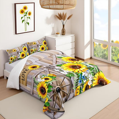 Sunflower Comforter Set Full Size Rustic Farmhouse Bedding Set Spring Flowers Quilt Set 3pcs for Kids Girls Women Boys Room Decor Home Themed Barn Door Duvet Insert with 2 Pillowcases
