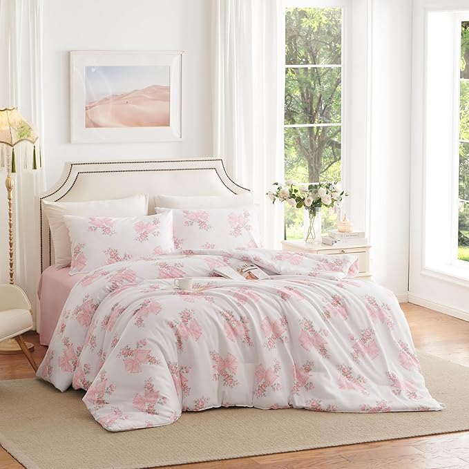 Pink Bow Duvet Cover Queen Size Floral Bowknot Bedding Set 3 Pieces Kids Boys Girls Vintage Green Botanical Coquette Princess Style Garden Reversible Duvet Cover Set with 2 Pillowcases