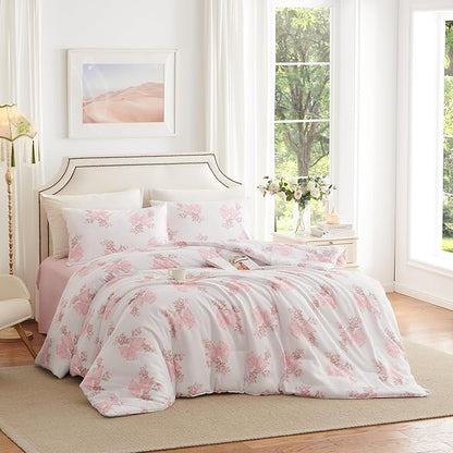 Pink Bow Duvet Cover Queen Size Floral Bowknot Bedding Set 3 Pieces Kids Boys Girls Vintage Green Botanical Coquette Princess Style Garden Reversible Duvet Cover Set with 2 Pillowcases