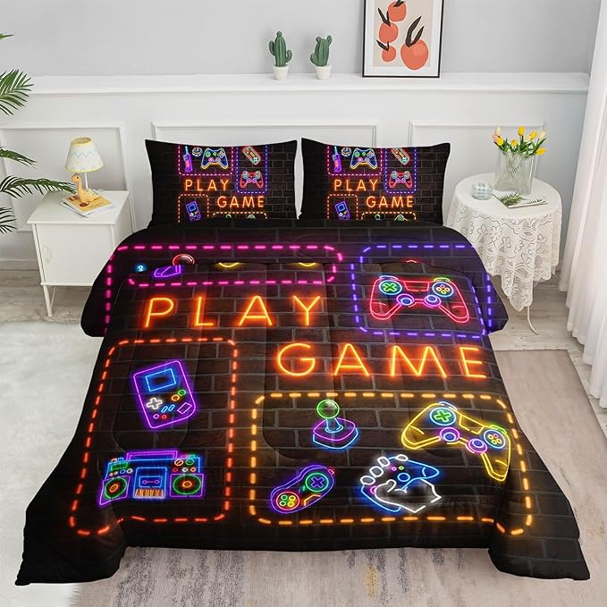 Kids Comforter Set Neon Gamepad Printed Pattern Bedding Set with 1 Comforter and 2 Pillowcases for Girls Boys Bedroom All Season(C-Neon Gamepad Full)