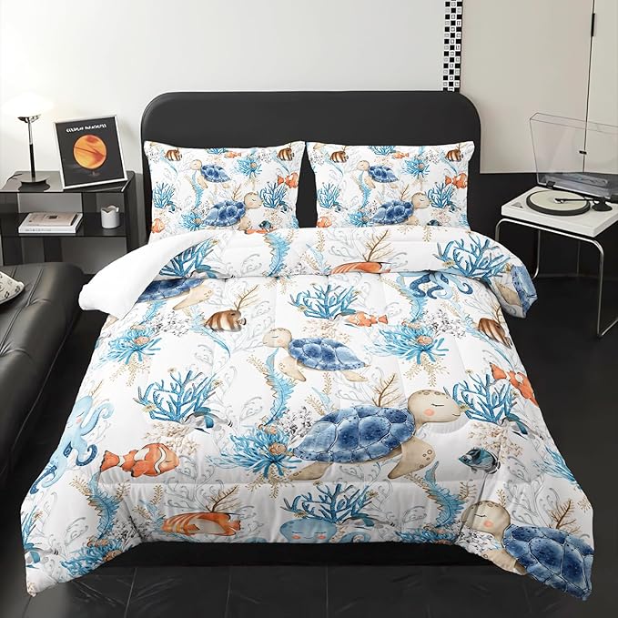Blue Sea Turtle Themed Comforter 3Pcs Queen Wild Ocean Animal Tortoise Fish Bedding Set for Kid Teen Girl Boy Adult Coral Clownfish Octopus Quilt Bed Decor with 1 Comforter and 2 Pillowcases