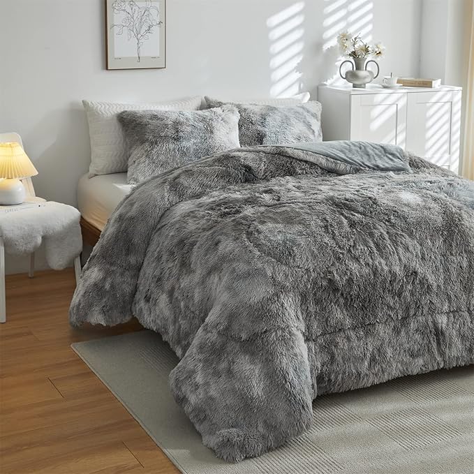 Wajade Faux Fur Plush Tie Dye Grey White Comforter Set Fluffy Fuzzy Shaggy Bedding Set - 3PC Full/Queen Microfiber Soft Warm Quilt Set
