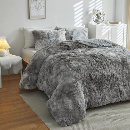 Wajade Faux Fur Plush Tie Dye Grey White Comforter Set Fluffy Fuzzy Shaggy Bedding Set - 3PC Full/Queen Microfiber Soft Warm Quilt Set