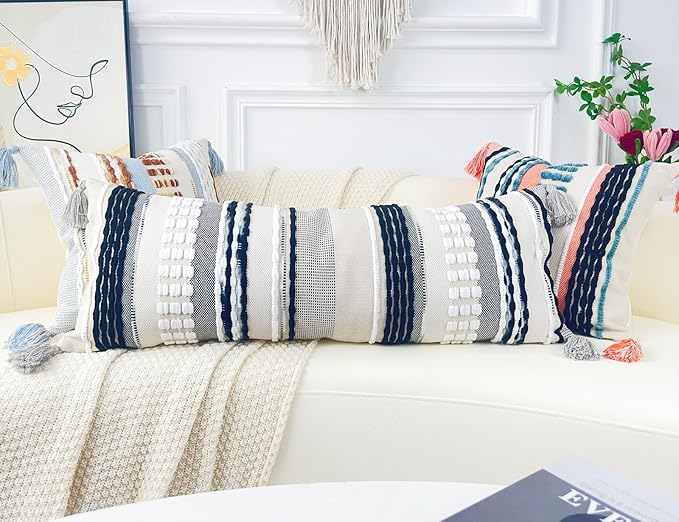 Chenille and Cotton Long Pillow for Bed, Striped Textured Boho Lumbar Throw Pillow Cover 16x36, Neutral Accent Decorative Extra Long Body Pillow Case for Couch, Sofa, Bedroom, Black and White