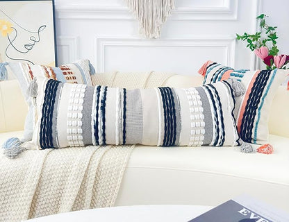 Chenille and Cotton Long Pillow for Bed, Striped Textured Boho Lumbar Throw Pillow Cover 16x36, Neutral Accent Decorative Extra Long Body Pillow Case for Couch, Sofa, Bedroom, Black and White