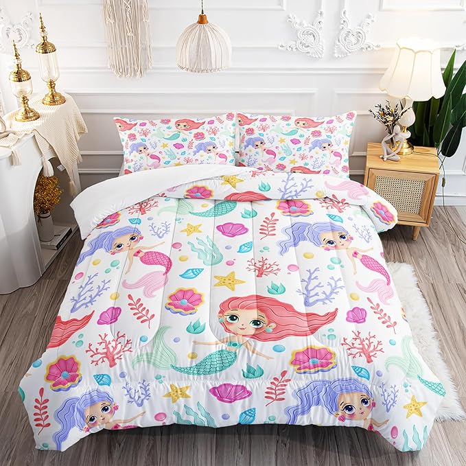 Mermaid Comforter Set Twin Size Fairy Tale Sea Shell Grass Bedding Set Starfish Quilt Bed Set for Kid Girls with 1 Comforter and 2 Pillowcases