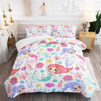 Mermaid Comforter Set Queen Size Fairy Tale Sea Shell Grass Bedding Set Starfish Quilt Bed Set for Kid Girls with 1 Comforter and 2 Pillowcases