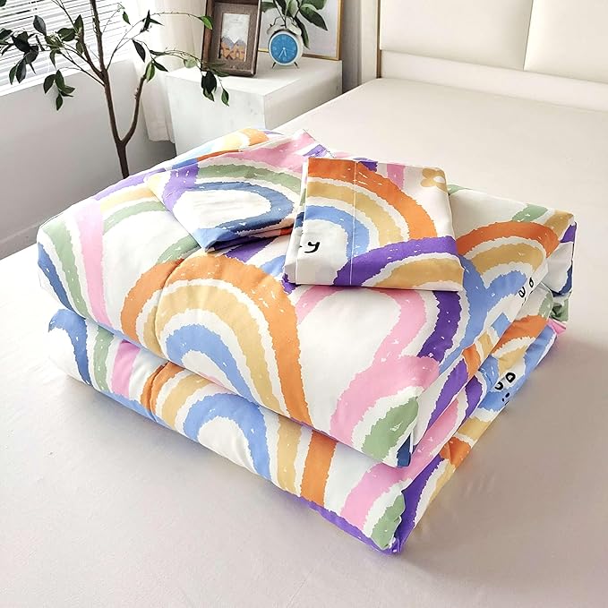 SDIII 3PCS Rainbow Twin Comforter Set, Soft Microfiber Lightweight Rainbow Comforter Twin, Cute Colorful Bedding Quilt Set for Girls Boys Kids Teens