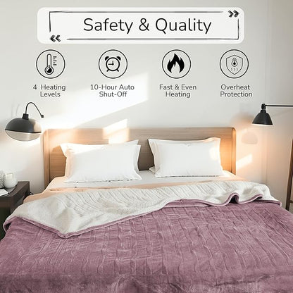 Electric Heated Blanket King Size 90"x100" - Dual-Sided with Microplush & Sherpa Fabric, 4 Heat Settings & 10 Hours Auto Off, Dual Controller, Machine Washable - Berry