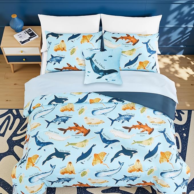 Kids Comforter Set Full Size for Boys, Glow in The Dark Sea World Bedding Set 1 Comforter, 1 Decor Pillow, 2 Pillow Shams