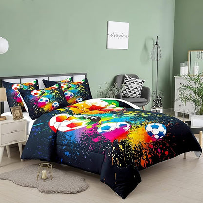 Bodhi Boys Sports Bedding Set Twin Size,Rainbow Graffiti Soccer Comforter Set Twin,Football Comforter Set for Boys Kids Teens Matching Pillowcases,Teen Kids Bedding Set Twin