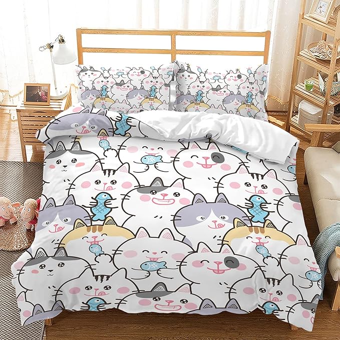 CVHOUSE Kawaii Bedding Queen Size,Kawaii Cat Bedding Set for Girls Kids Teens,Cute Cat Comforter Set Cover Soft,1 Duvet Cover 2 Pillowcases 3 Piece,Girl's Bedroom Kawaii Decor