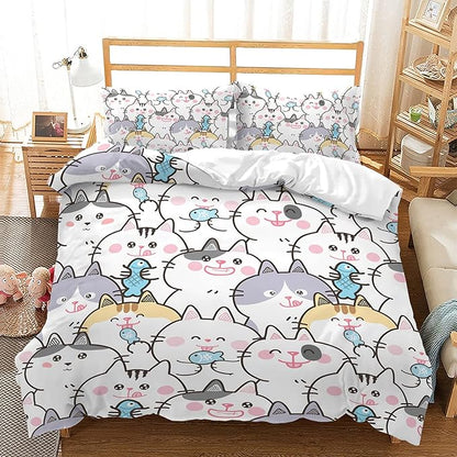 CVHOUSE Kawaii Bedding Queen Size,Kawaii Cat Bedding Set for Girls Kids Teens,Cute Cat Comforter Set Cover Soft,1 Duvet Cover 2 Pillowcases 3 Piece,Girl's Bedroom Kawaii Decor